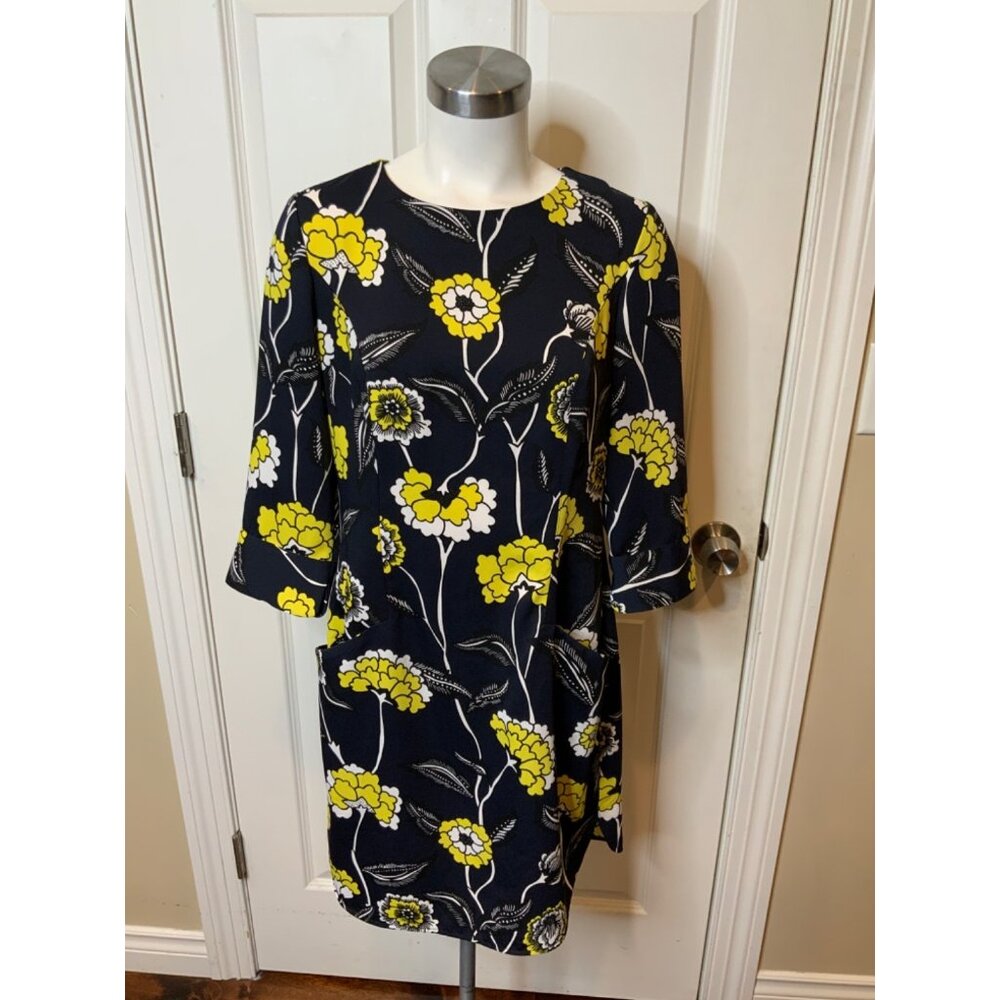 Boden Navy Blue, Cream & Yellow Floral 3/4 Sleeve Shift Dress, Size 6R